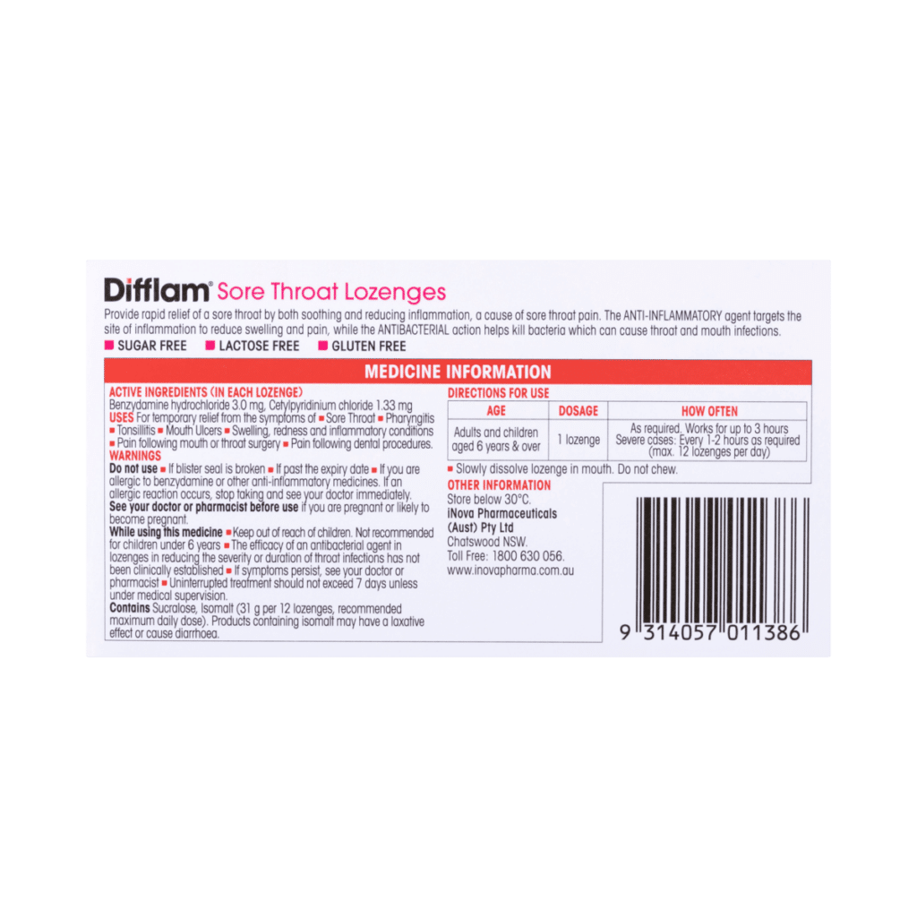 Difflam Sore Throat Lozenges Strawberry Flavour