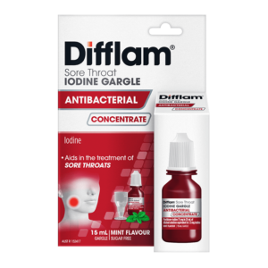 Difflam Sore Throat Gargle with Iodine Concentrate 2d front packaging