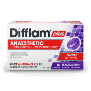 Difflam Plus Anaesthetic Sore Throat Lozenges Blackcurrant Flavour 16's - Pack - Front