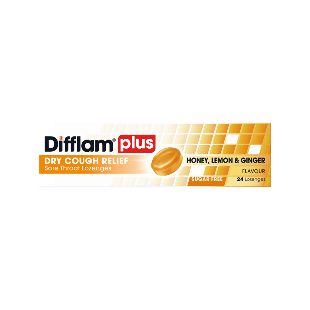 Difflam Plus Dry Cough Relief Sore Throat Lozenges Honey, Lemon & Ginger Flavour