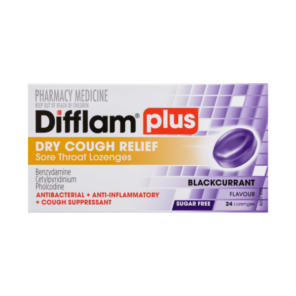 Difflam Plus Dry Cough Relief Sore Throat Lozenges Blackcurrant Flavour
