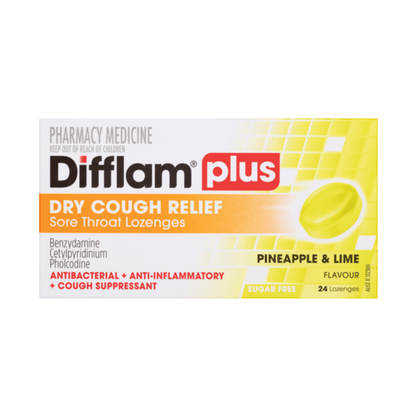 Difflam Plus Dry Cough Relief Sore Throat Lozenges Pineapple & Lime Flavour