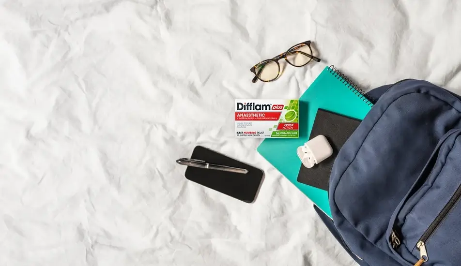 Difflam Plus Anaesthetic Sore Throat Lozenges Pineapple & Lime Flavour - Lifestyle Image Out Of Backpack