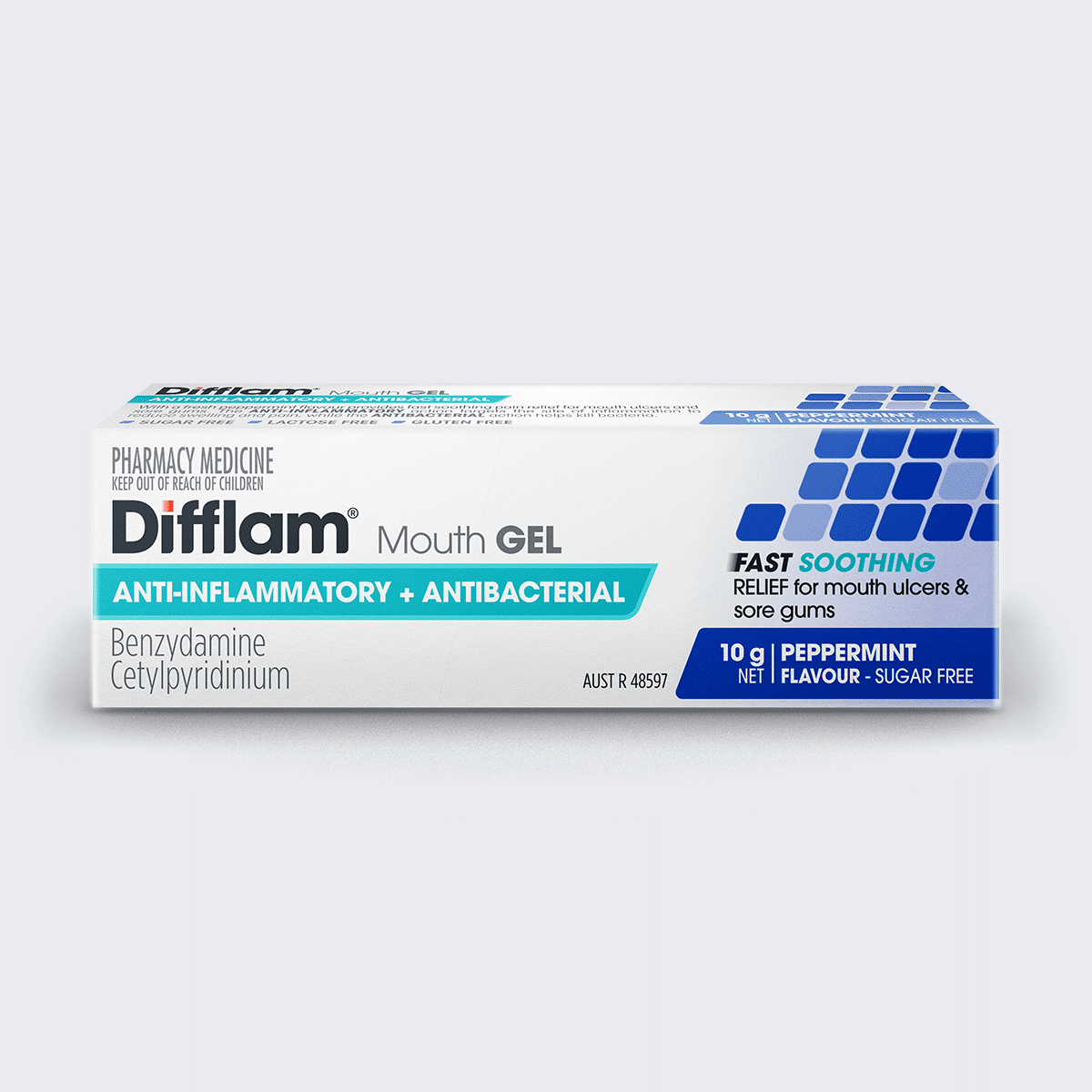 Difflam mouth gel includes an anaesthetic and an anti-inflammatory to soothe mouth ulcers and sore gums.