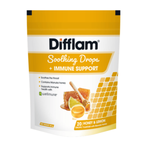 Difflam Soothing Drops + Immune Support Honey & Lemon flavour 20 Drops - Pack - Front