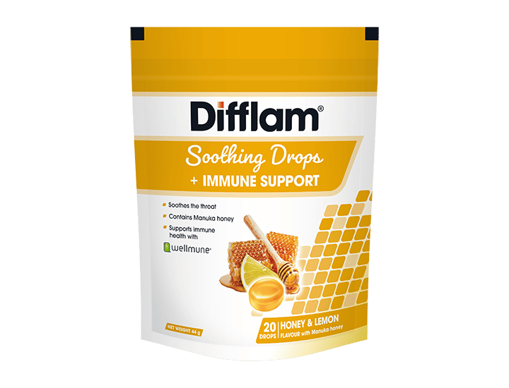 Difflam Soothing Drops + Immune Support Honey & Lemon flavour 20 Drops - Pack - Front