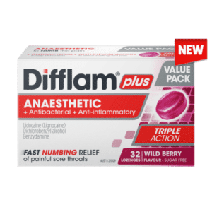 Difflam Plus Anaesthetic Sore Throat Lozenges Wild Berry Flavour 32