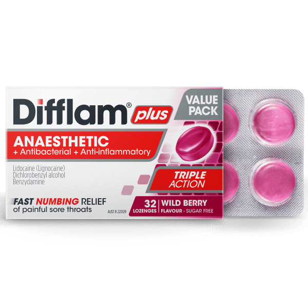 Difflam Plus Anaesthetic Sore Throat Lozenges Wild Berry Flavour 32