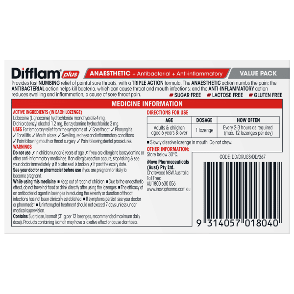 Difflam Plus Anaesthetic Sore Throat Lozenges Wild Berry Flavour 32