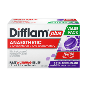 Difflam Plus Anaesthetic Lozenges Blackcurrant Flavour 32s front packaging