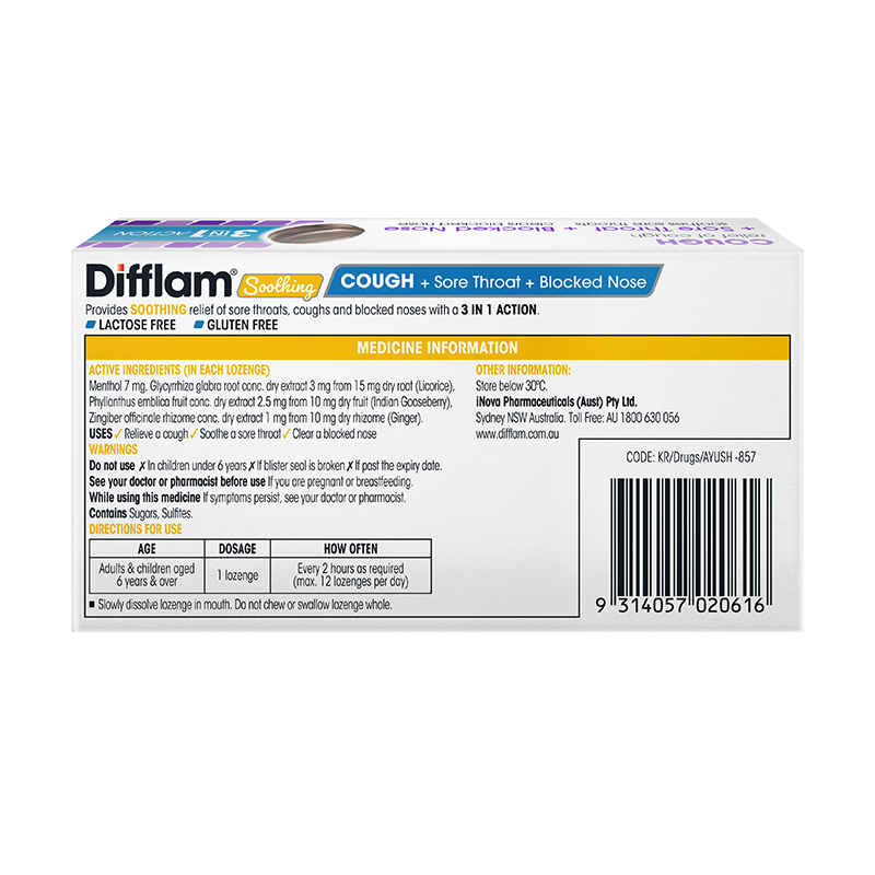 Difflam Soothing Cough + Sore Throat + Blocked Nose Lozenges Blackcurrant 16 Lozenges