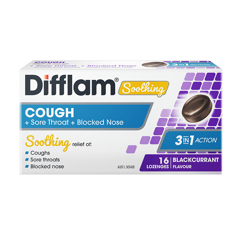 Difflam Soothing Cough + Sore Throat + Blocked Nose Lozenges Blackcurrant 16 Lozenges
