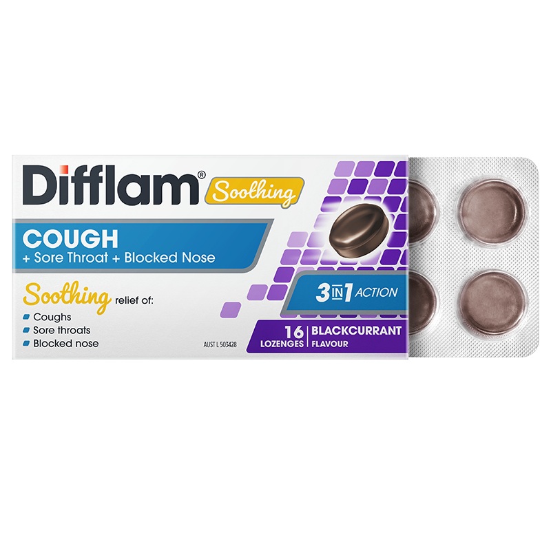 Difflam Soothing Cough + Sore Throat + Blocked Nose Lozenges Blackcurrant 16 Lozenges