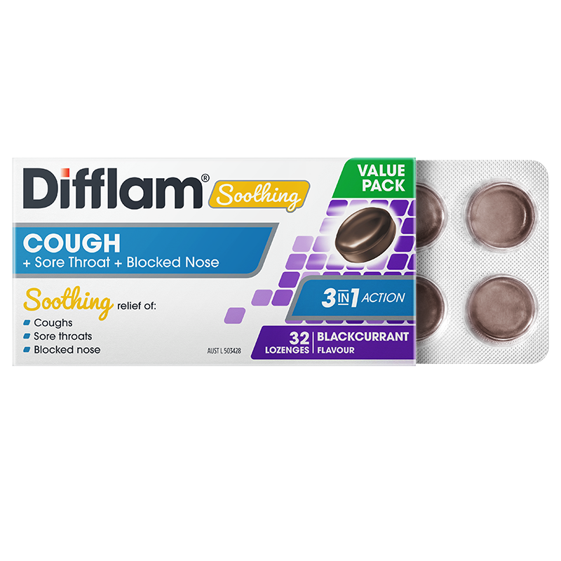 Difflam Soothing Cough + Sore Throat + Blocked Nose Lozenges Blackcurrant 32 Lozenges