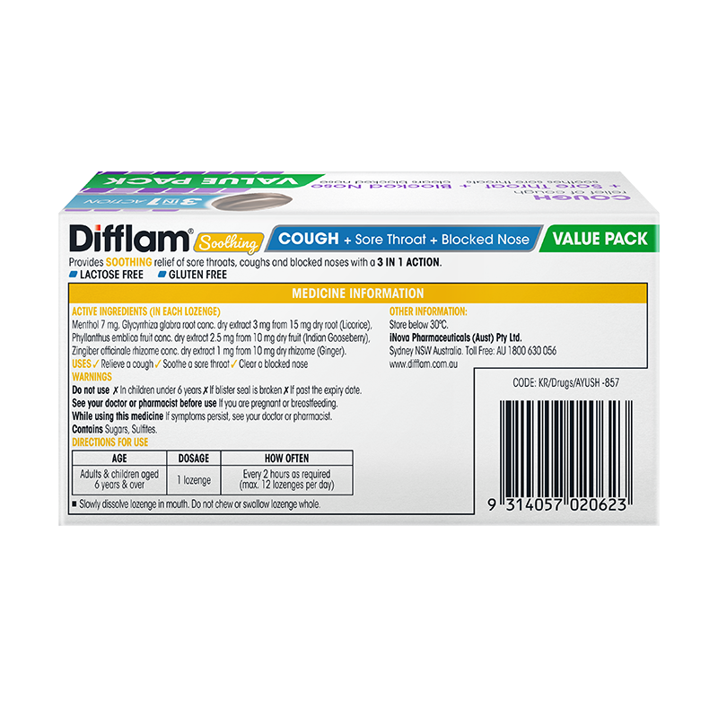 Difflam Soothing Cough + Sore Throat + Blocked Nose Lozenges Blackcurrant 32 Lozenges