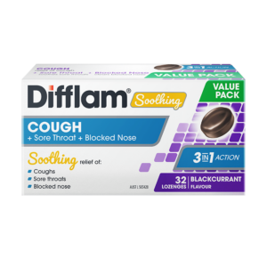 Difflam Soothing Cough + Sore Throat + Blocked Nose Lozenges Blackcurrant 32 Lozenges