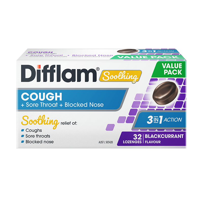 Difflam Soothing Cough + Sore Throat + Blocked Nose Lozenges Blackcurrant 32 Lozenges