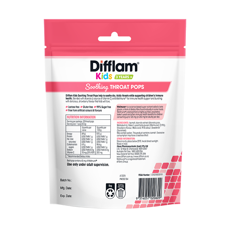 Difflam Kids Soothing Throat Pops Strawberry 20 Lollipops