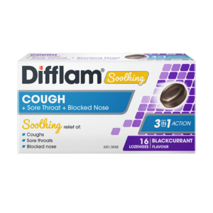 Difflam Soothing Cough + Sore Throat + Blocked Nose Lozenges Blackcurrant 16 Lozenges