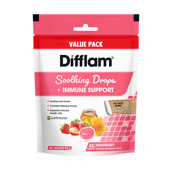 Difflam Soothing Drops + Immune Support Strawberry 42 Drops